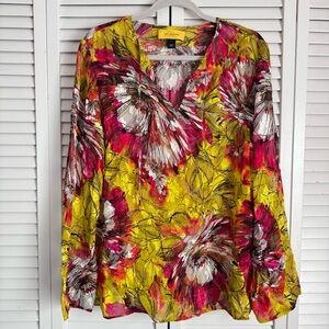 ST. JOHN Silk Floral Abstract Tassels Semi Sheer Blouse Yellow Pink Luxury Large